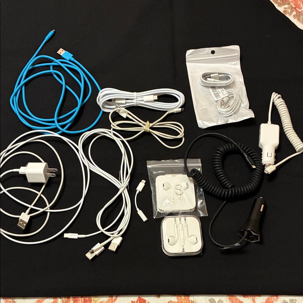 Assorted Mobile Charging Cables & Earbuds - White, Black, Blue